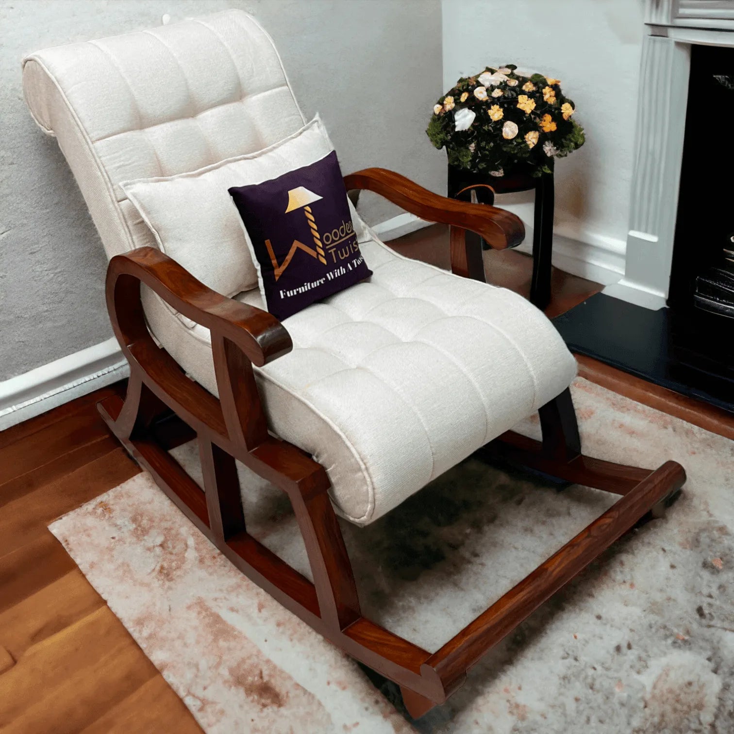 Premium teak wood recliner rocking chair in brown for a Dubai living room — Wooden Twist UAE
