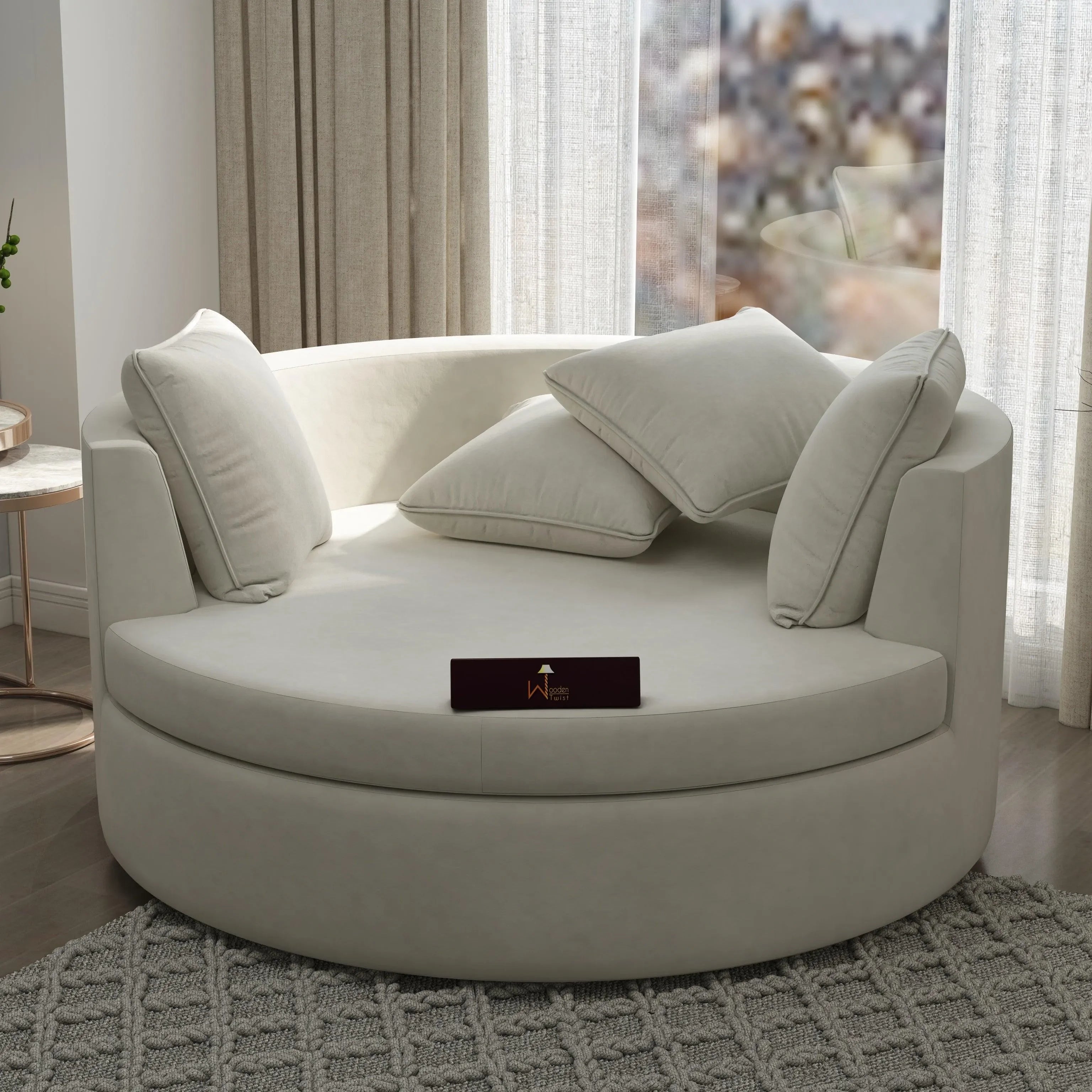 Beige velvet round barrel accent chair for UAE living room — Wooden Twist UAE