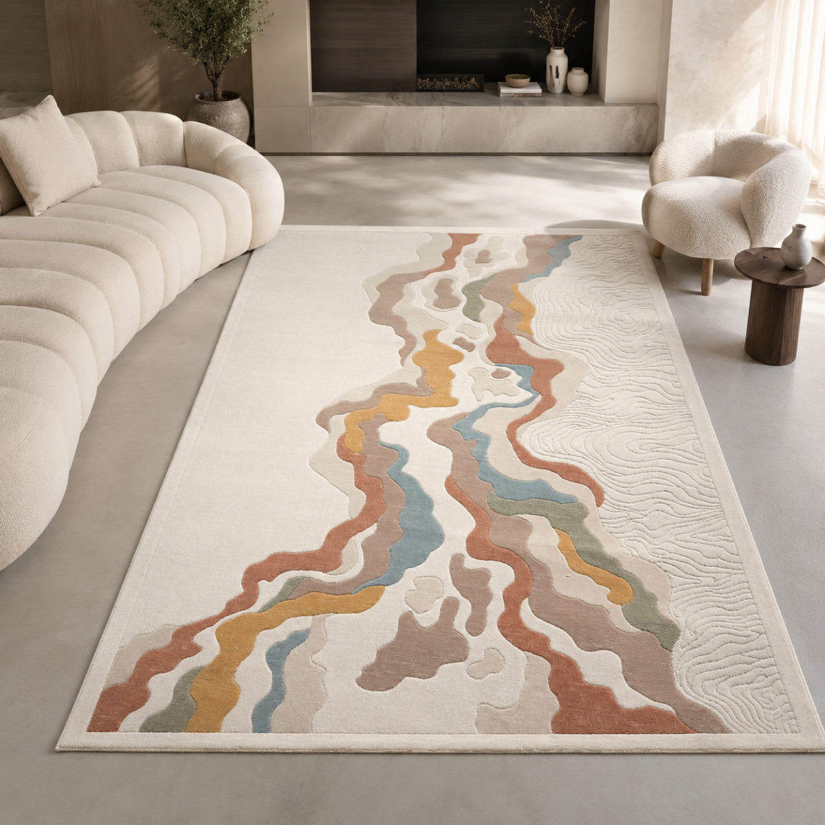 Wooden Twist modern abstract Turkish area rug in a Dubai living room