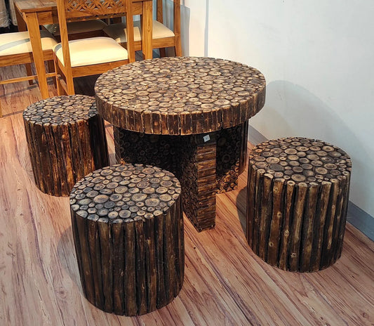 Elevate Your Living Space with the Alba Antique Poplar Wood Round Coffee Table Set with 4 Stools