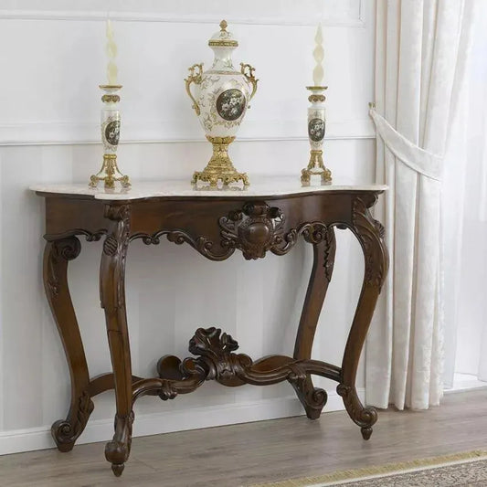Italian Baroque Style Hand Carved Teak Wood Console Table with Composite Marble Top