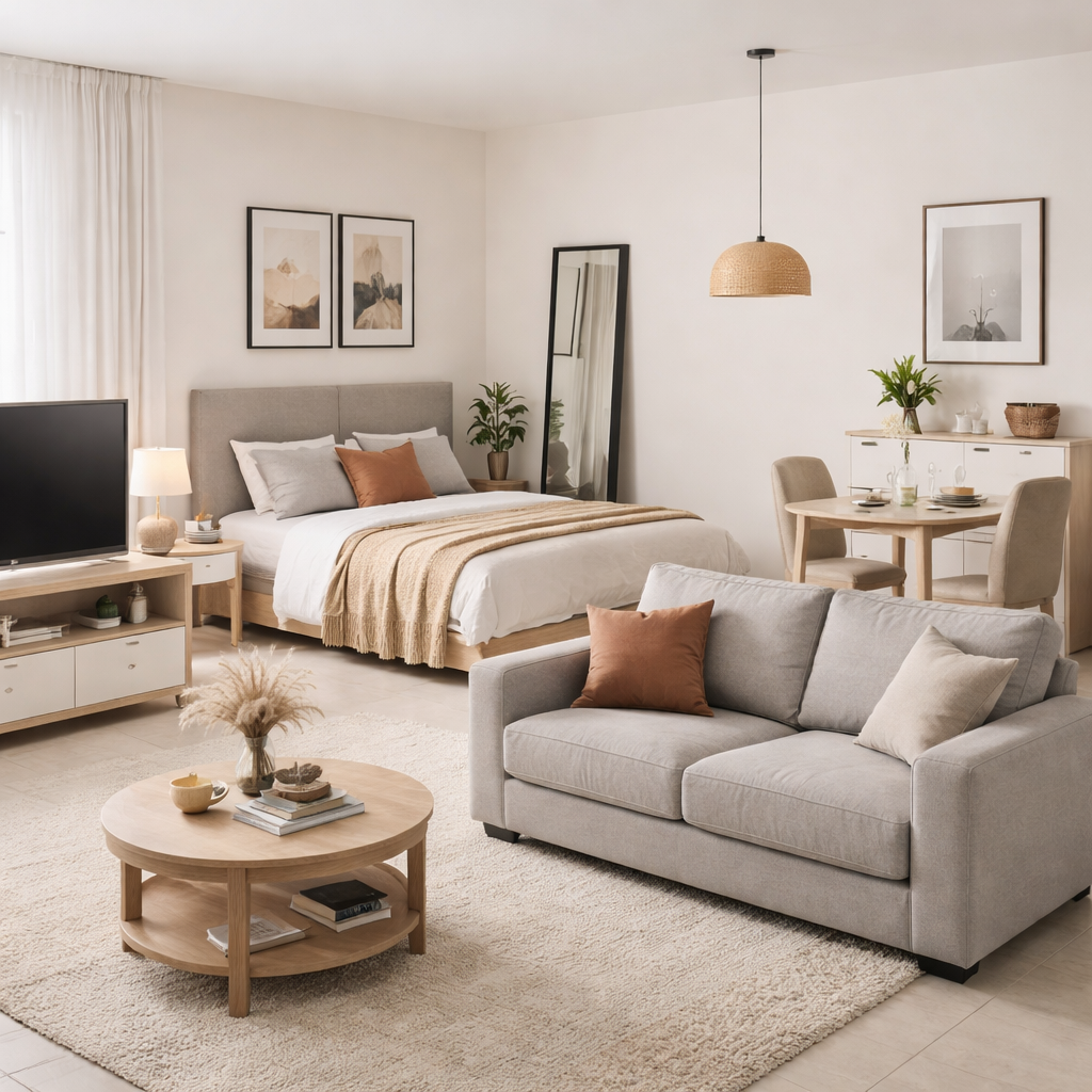 Studio apartment furniture package setup in UAE by Wooden Twist