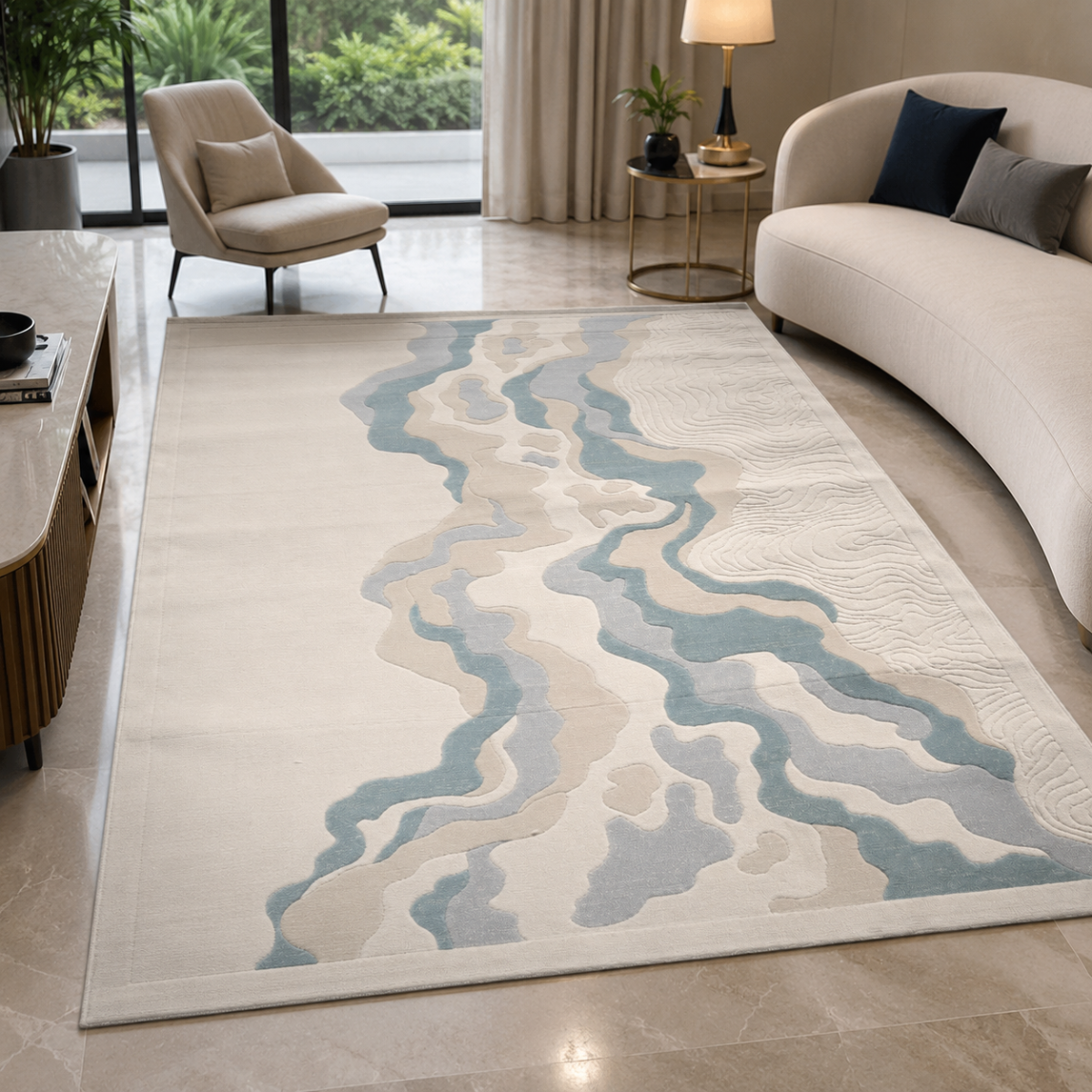 Wooden Twist modern abstract Turkish area rug Cream & Blue 200x300cm - lifestyle view in living room