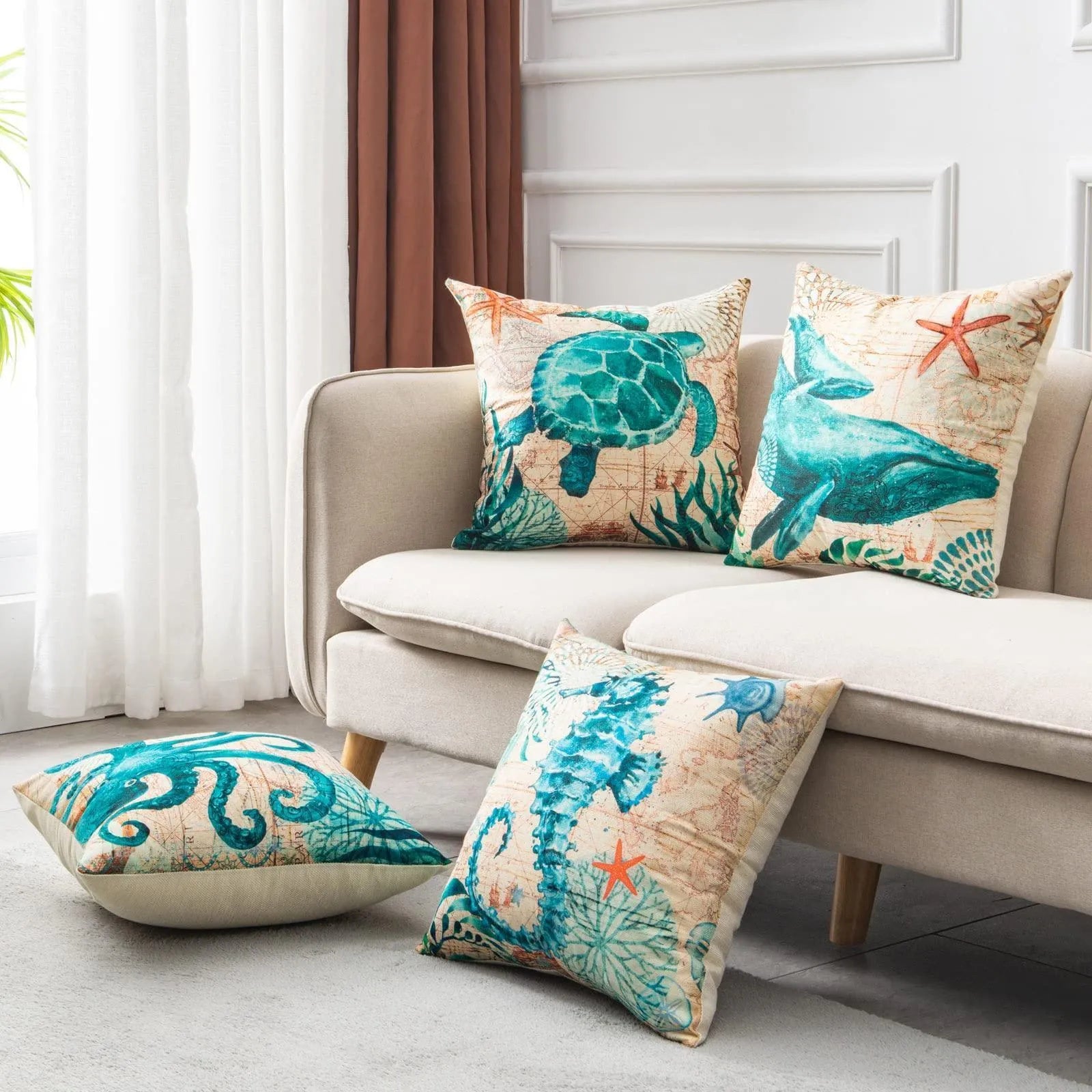 Cushion Covers Sea Turtle Printed Throw Pillow Cases For Home Decor Sofa Chair Seat - Wooden Twist UAE