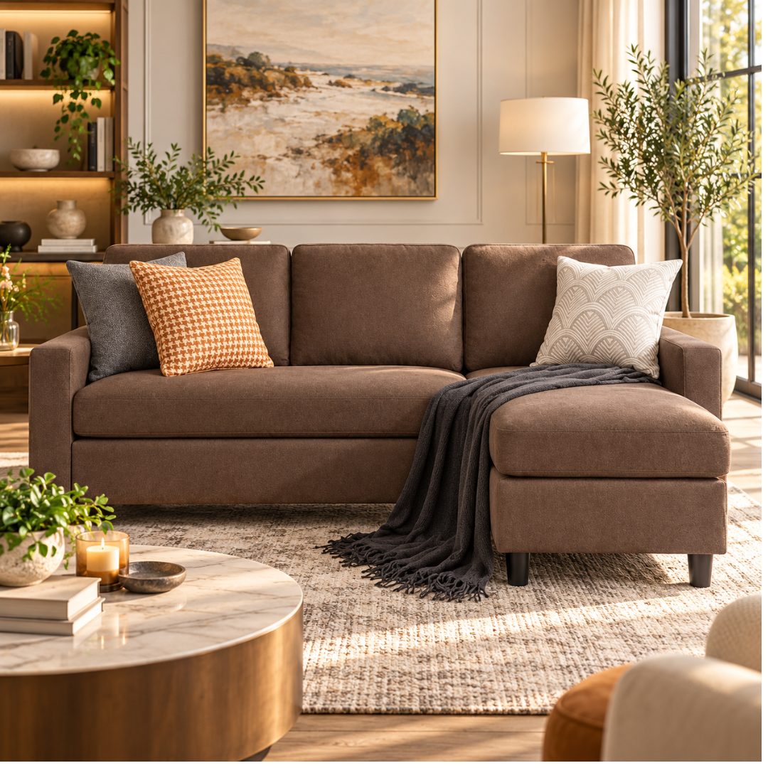 Wooden Twist Cosy brown L-shaped 3-seater sectional sofa with ottoman chaise in a modern living room