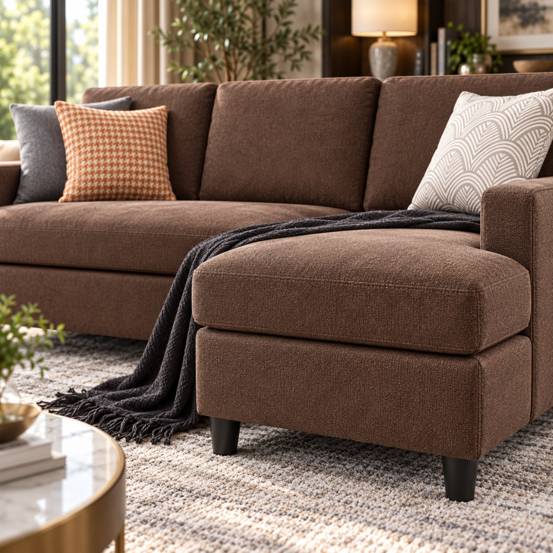 Close-up of the Cosy brown sectional sofa's chaise ottoman and throw pillows