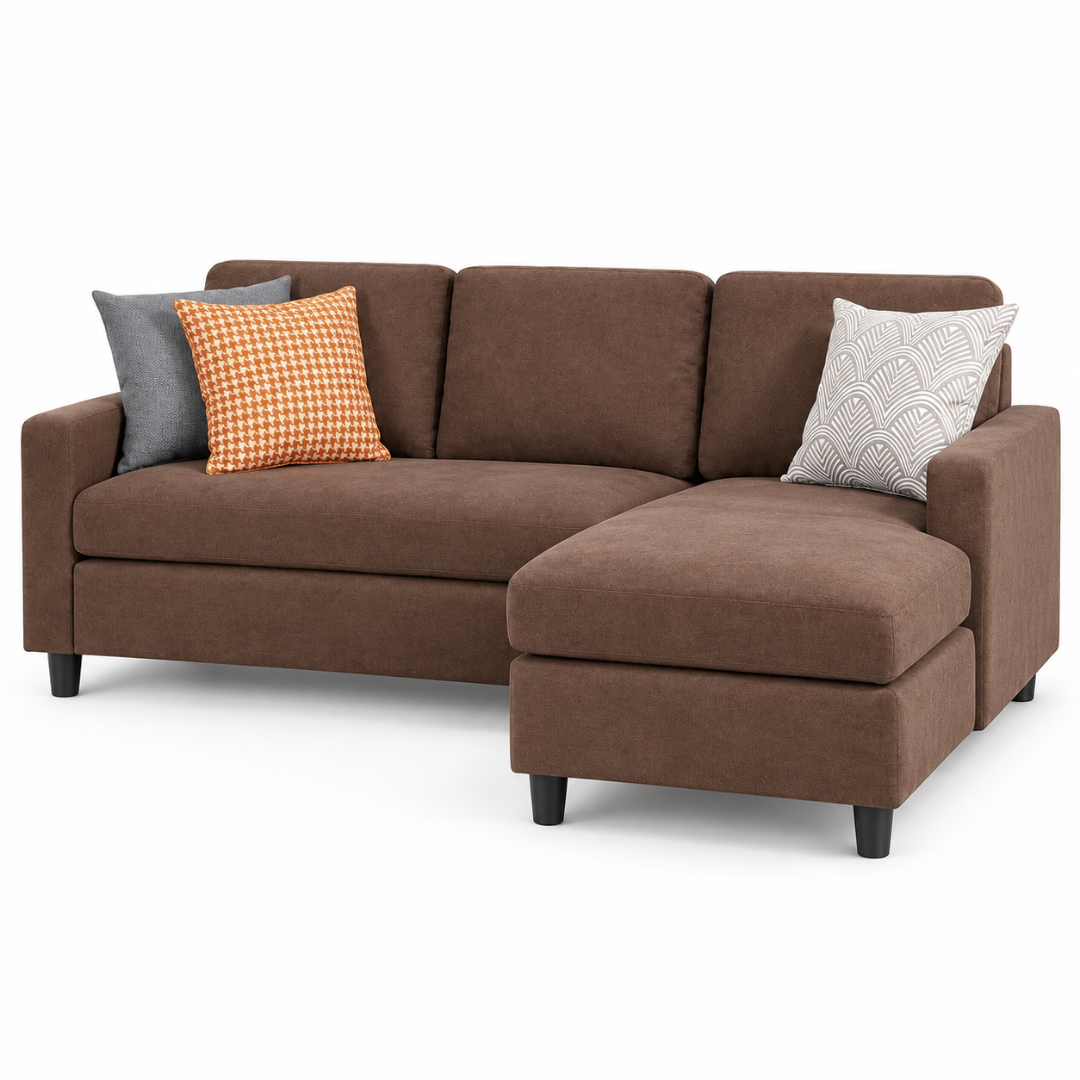 Front view of the Cosy brown L-shaped sectional sofa on a white background