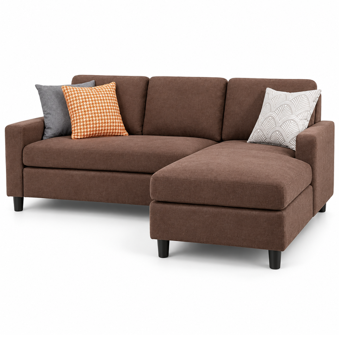 Angled view of the Cosy brown 3-seater sectional with ottoman chaise