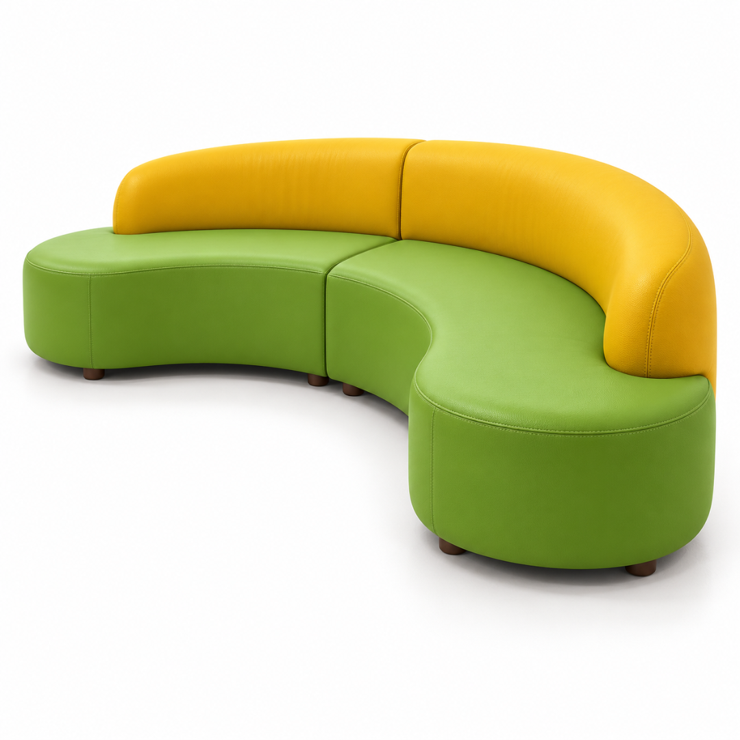 Angled view of the Citrus curved two-tone PU leather sofa on a white background