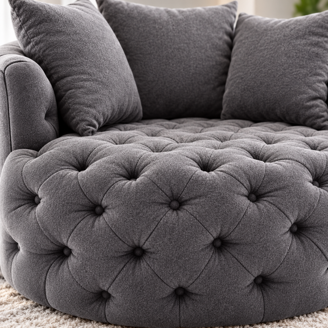 Wooden Twist Round Button Tufted Velvet Cuddle Chair Dark Grey – Tufted Close-Up