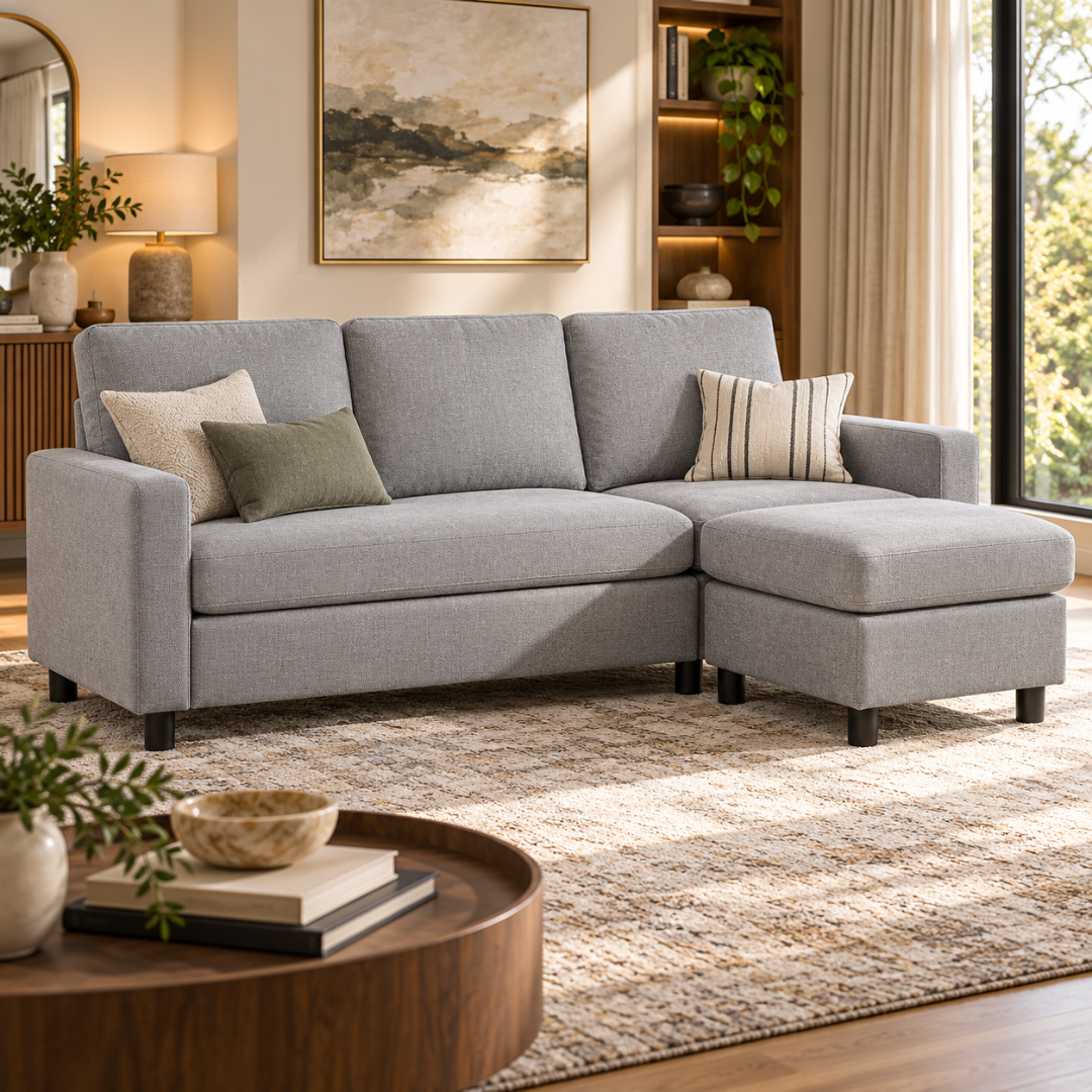 Cosy light grey L-shaped sectional sofa with ottoman chaise in a bright living room