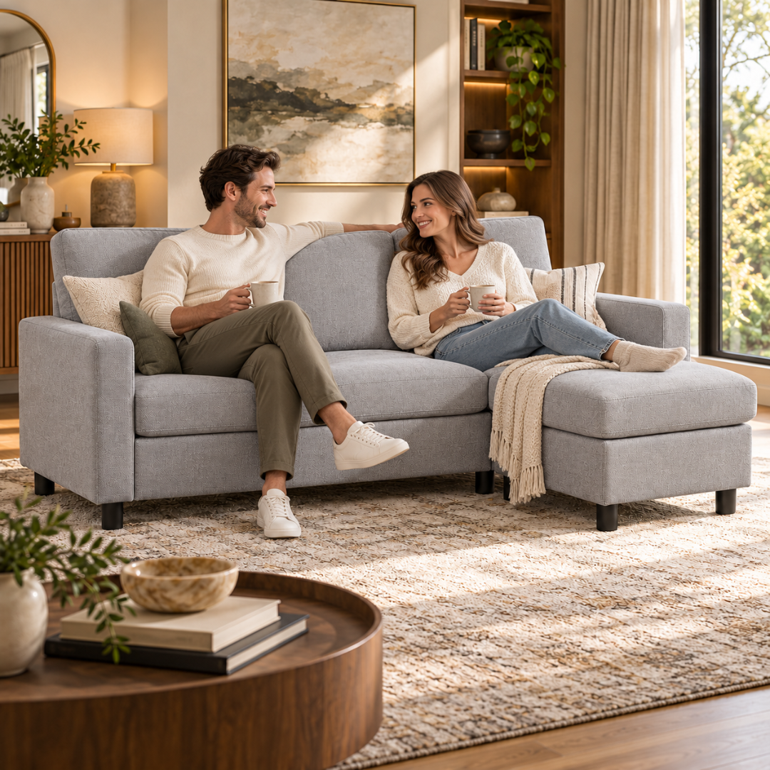 Couple relaxing on the Cosy light grey sectional sofa