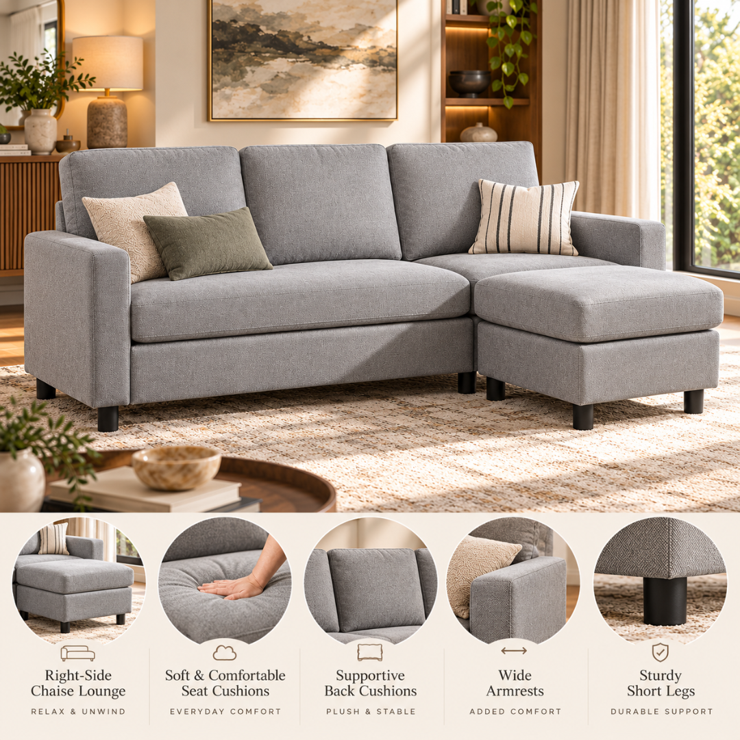Cosy light grey sectional features: chaise lounge, soft upholstery, supportive back cushions, wide armrests, sturdy wood legs