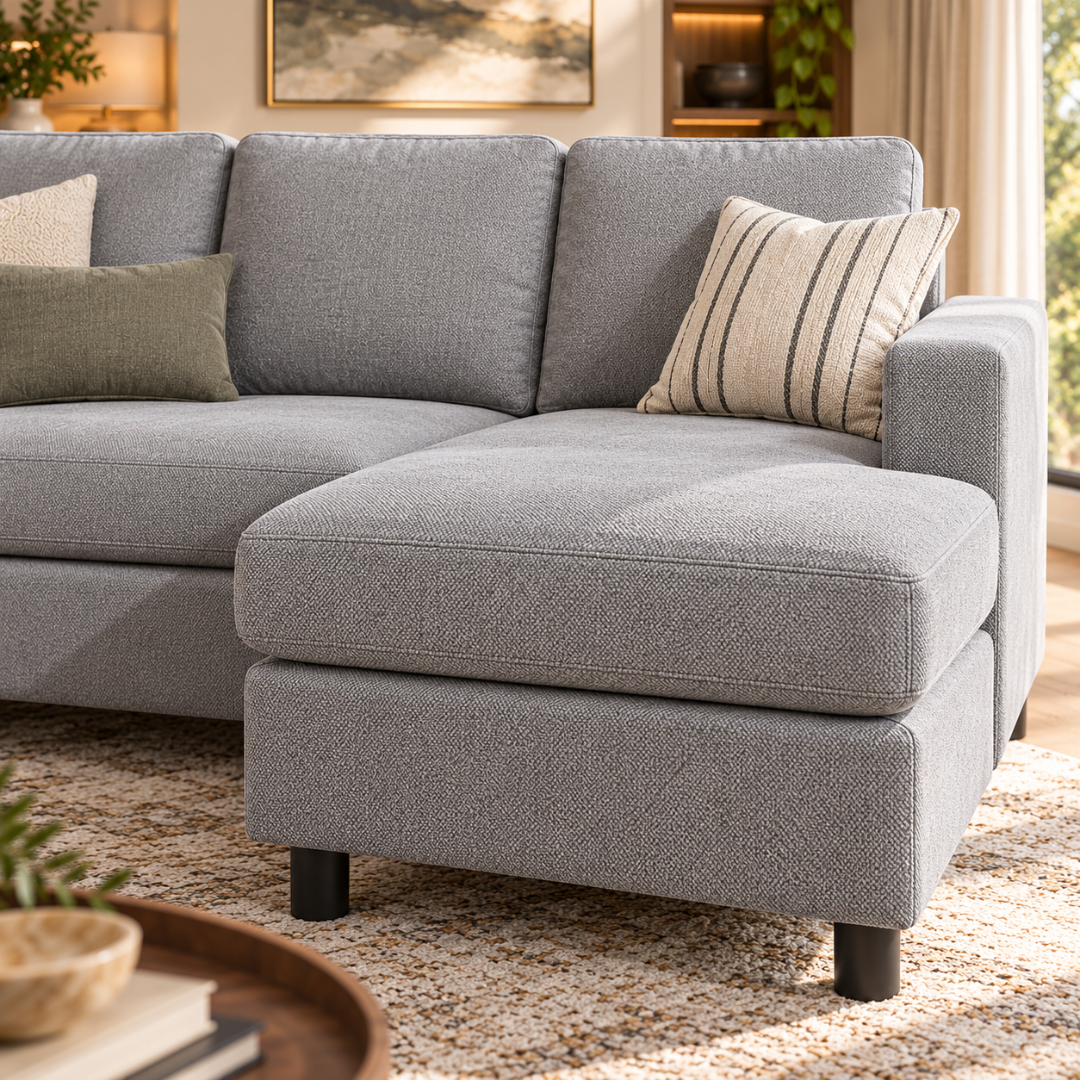 Close-up of the Cosy light grey sectional's ottoman chaise and pillows