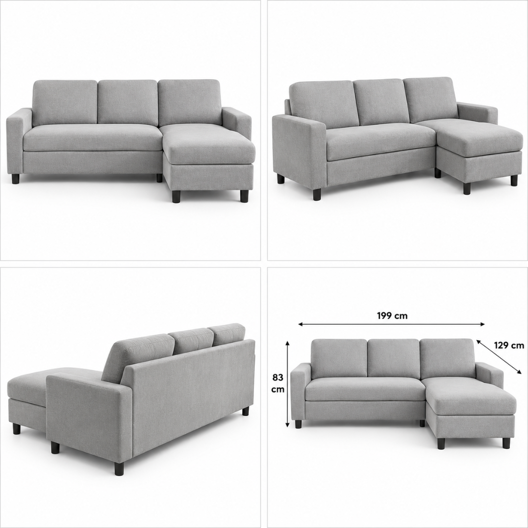 Cosy light grey sectional from four angles with 199 x 129 x 83 cm dimensions