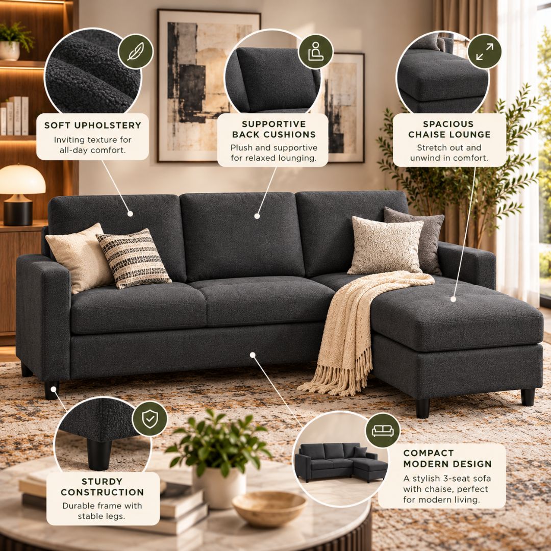 Cosy dark grey sectional features: soft upholstery, supportive back cushions, spacious chaise lounge, sturdy construction, compact modern design