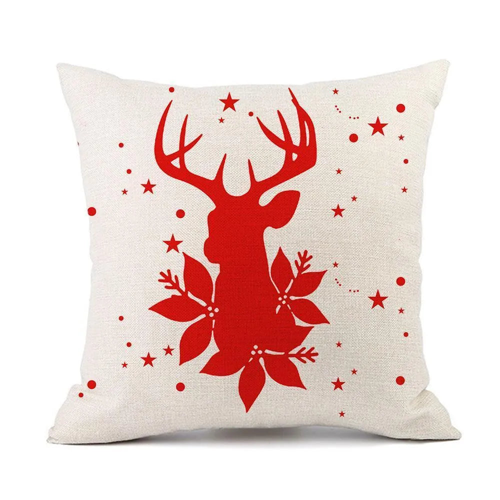 Christmas Elk Santa Claus Red Festive Printed Linen Cushion - Wooden Twist UAE