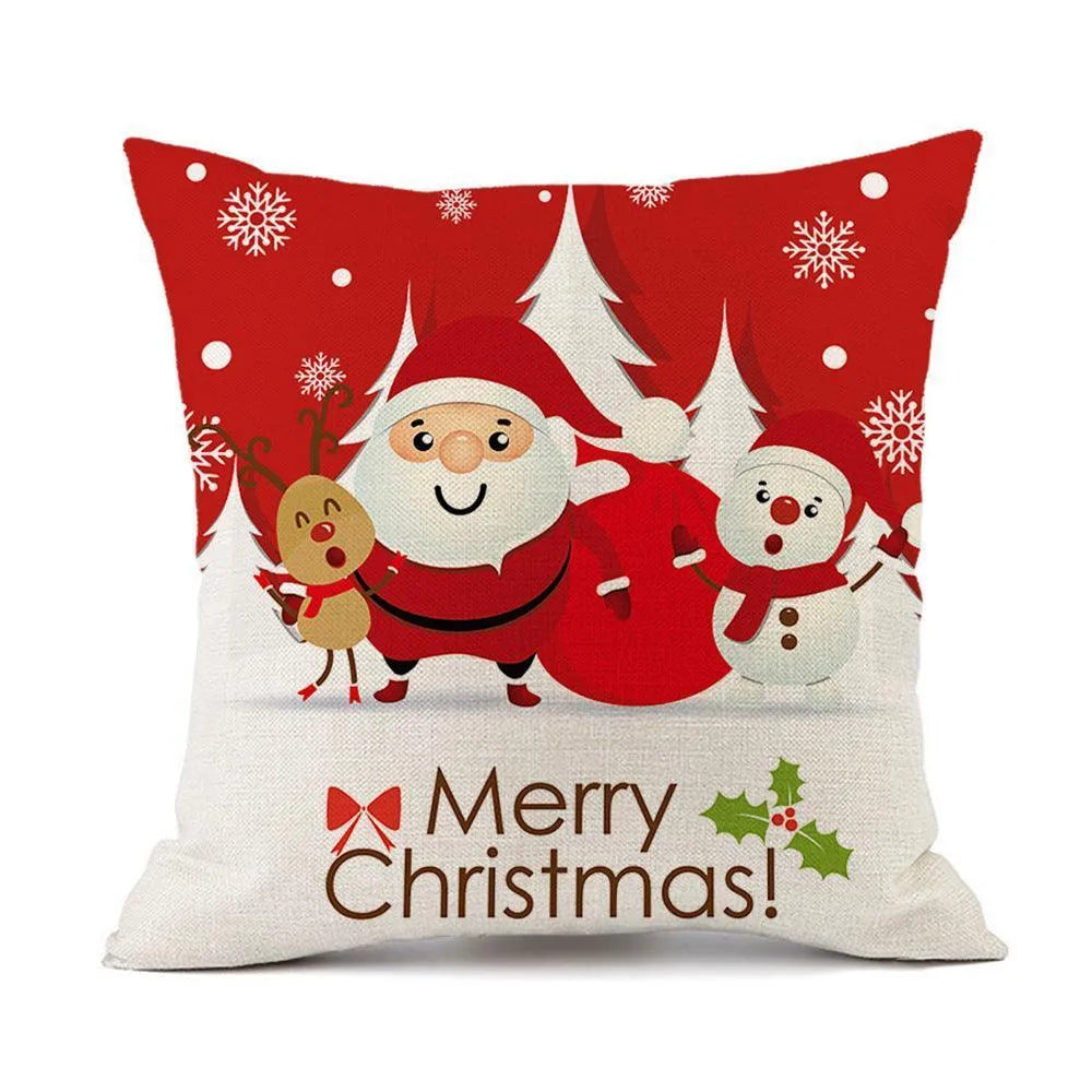 Christmas Elk Santa Claus Red Festive Printed Linen Cushion - Wooden Twist UAE