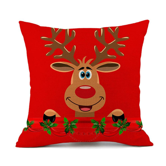Christmas Elk Santa Claus Red Festive Printed Linen Cushion - Wooden Twist UAE