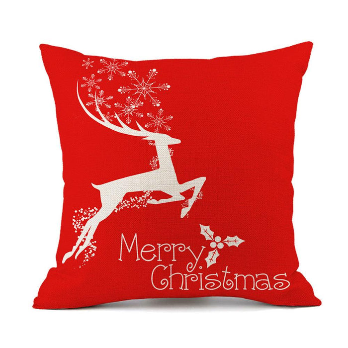 Christmas Elk Santa Claus Red Festive Printed Linen Cushion - Wooden Twist UAE