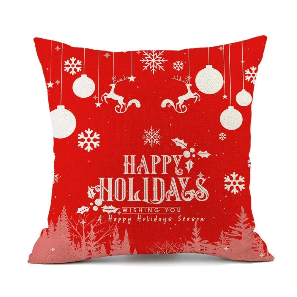 Christmas Elk Santa Claus Red Festive Printed Linen Cushion - Wooden Twist UAE