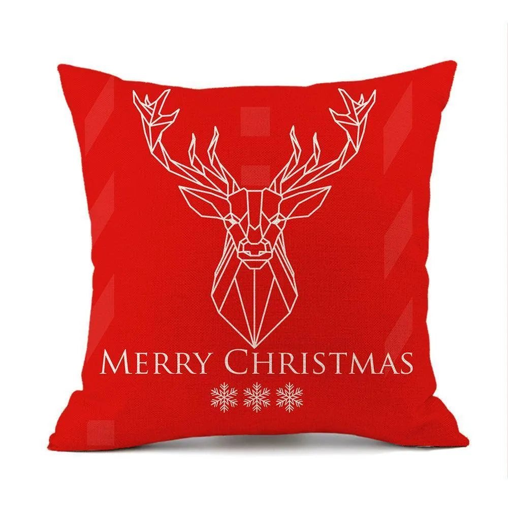 Christmas Elk Santa Claus Red Festive Printed Linen Cushion - Wooden Twist UAE