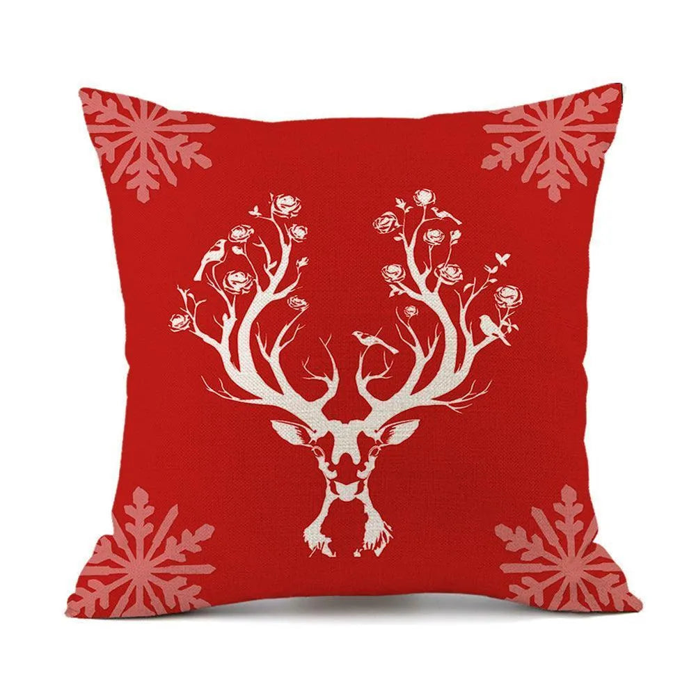 Christmas Elk Santa Claus Red Festive Printed Linen Cushion - Wooden Twist UAE