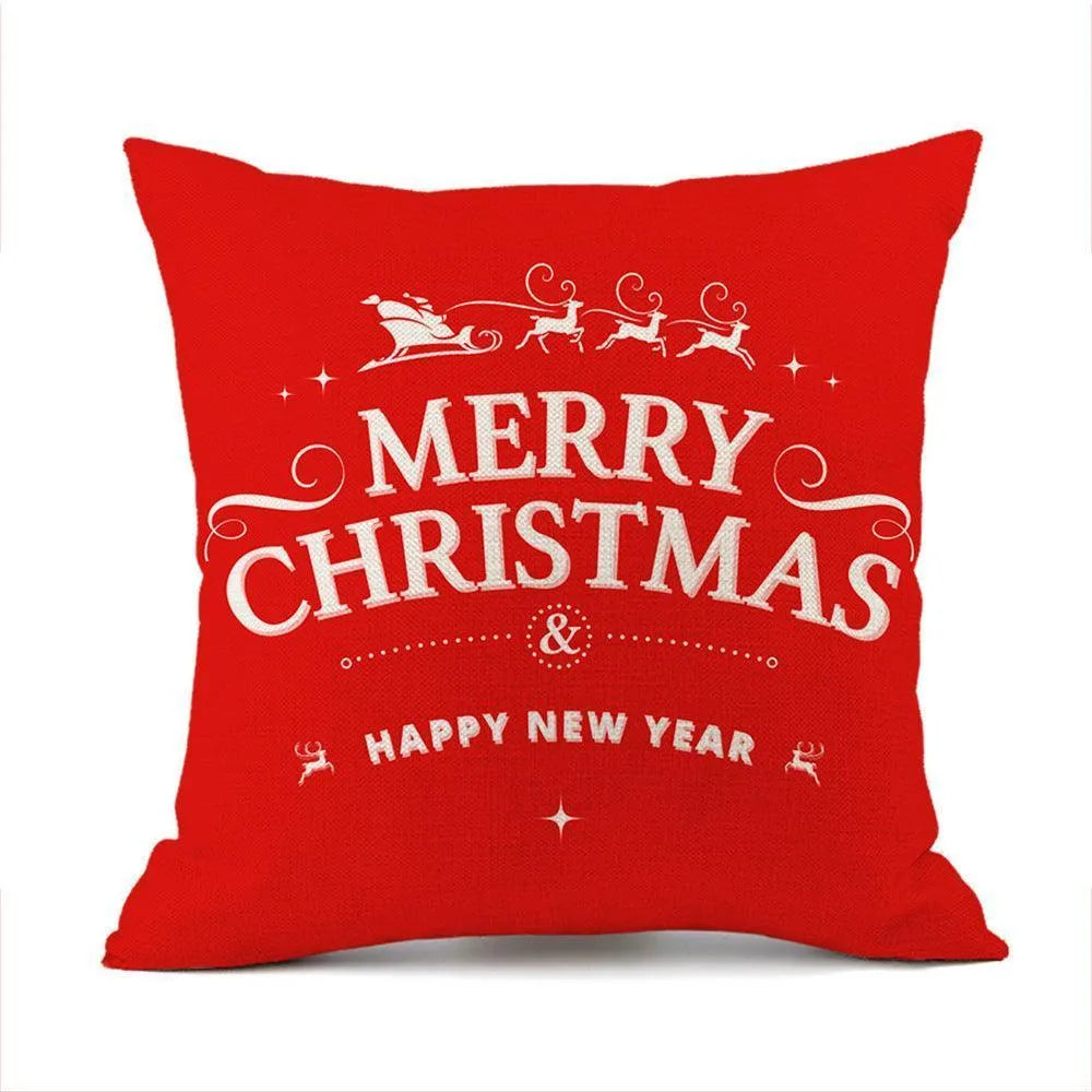 Christmas Elk Santa Claus Red Festive Printed Linen Cushion - Wooden Twist UAE