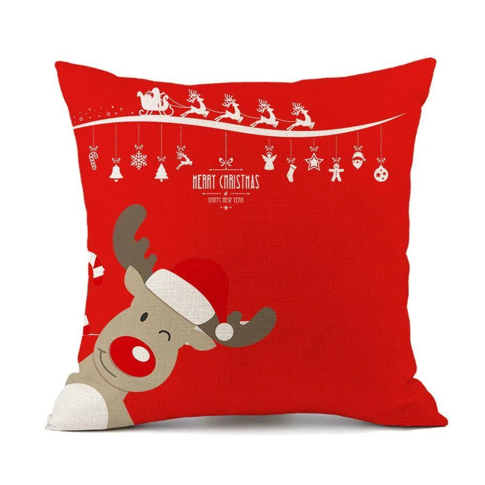 Christmas Elk Santa Claus Red Festive Printed Linen Cushion - Wooden Twist UAE