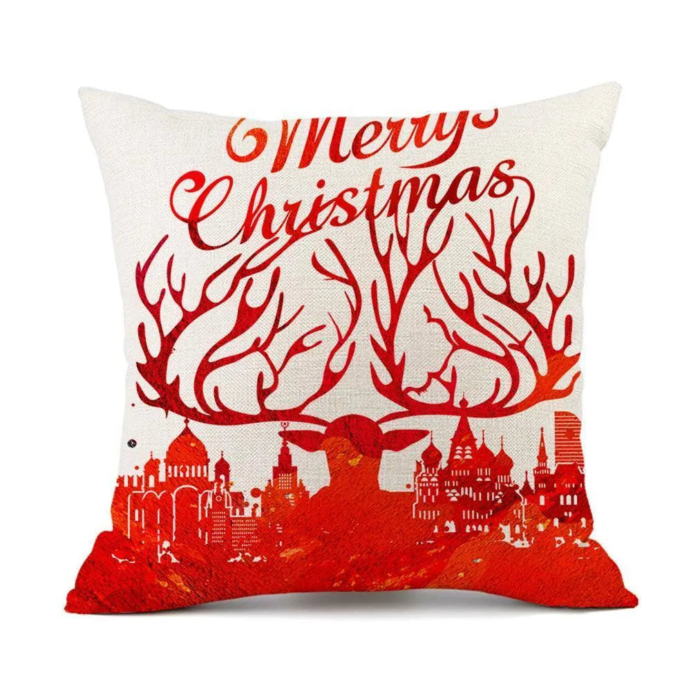 Christmas Elk Santa Claus Red Festive Printed Linen Cushion - Wooden Twist UAE