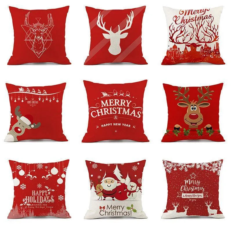 Christmas Elk Santa Claus Red Festive Printed Linen Cushion - Wooden Twist UAE