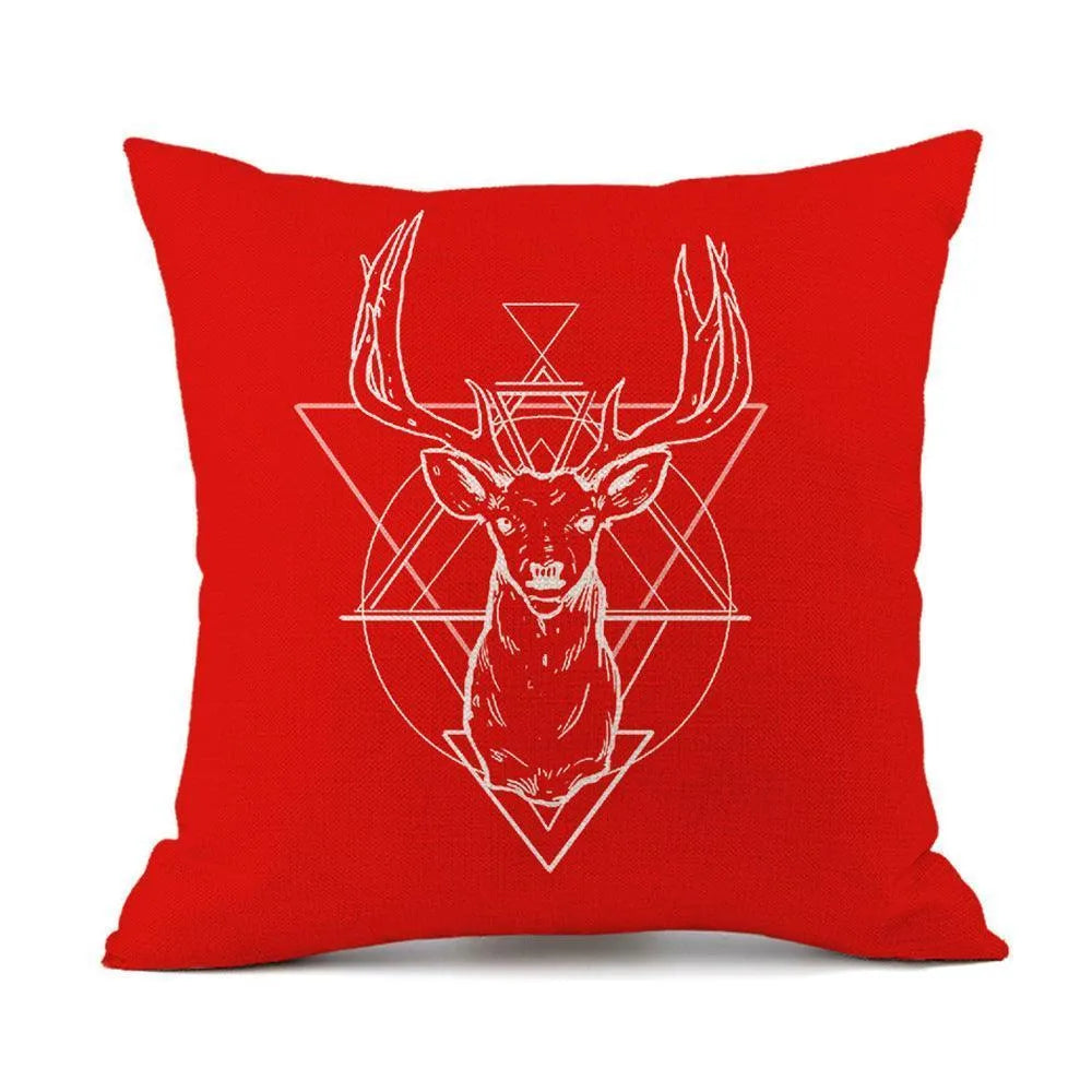 Christmas Elk Santa Claus Red Festive Printed Linen Cushion - Wooden Twist UAE