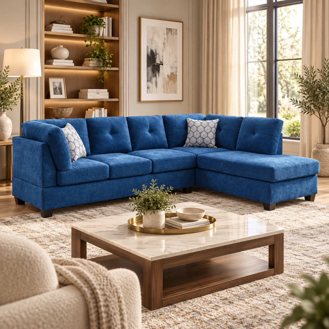 Wooden Twist Valeur blue velvet right-hand facing L-shaped sectional sofa with chaise in a living room