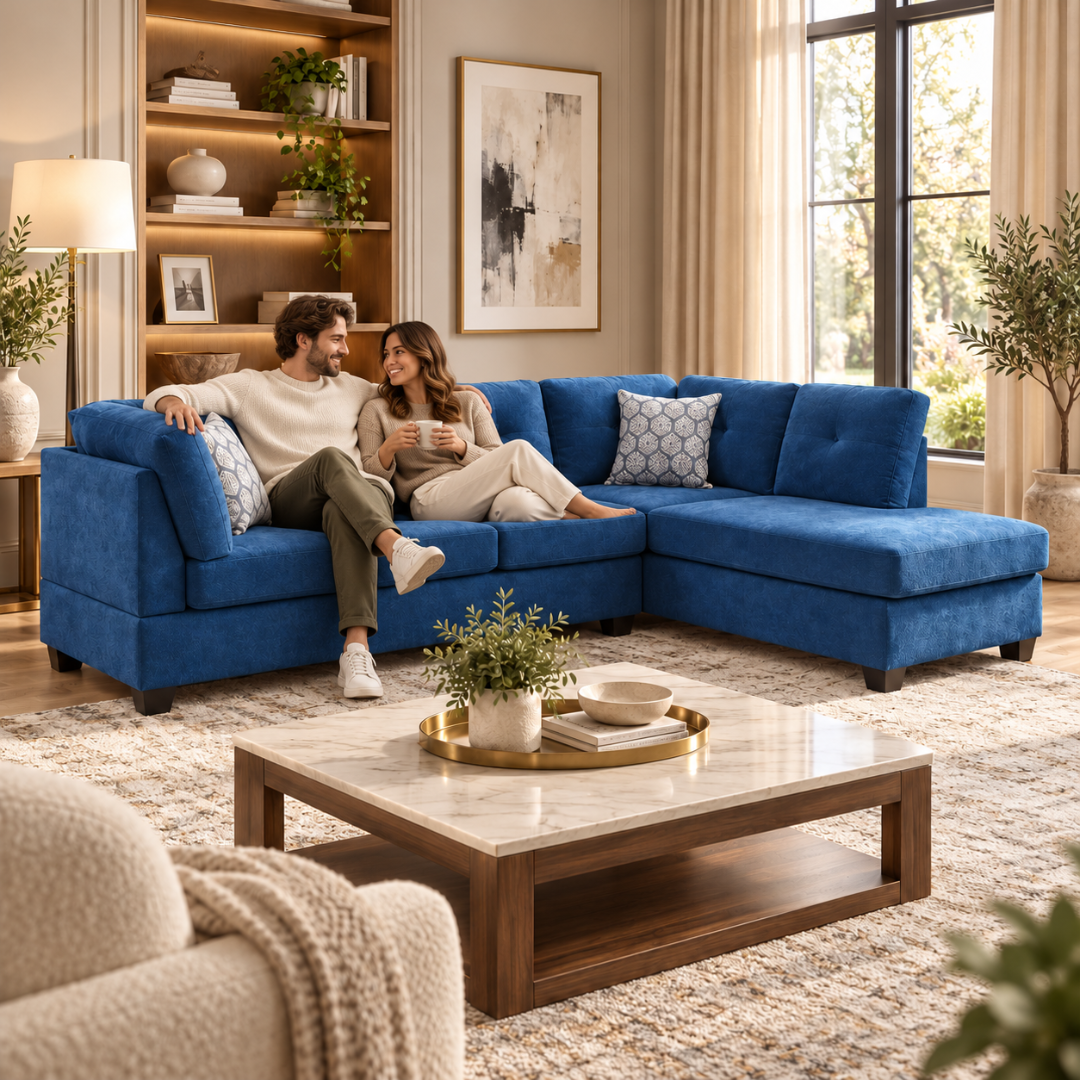 Couple relaxing on the Valeur blue velvet corner sectional sofa