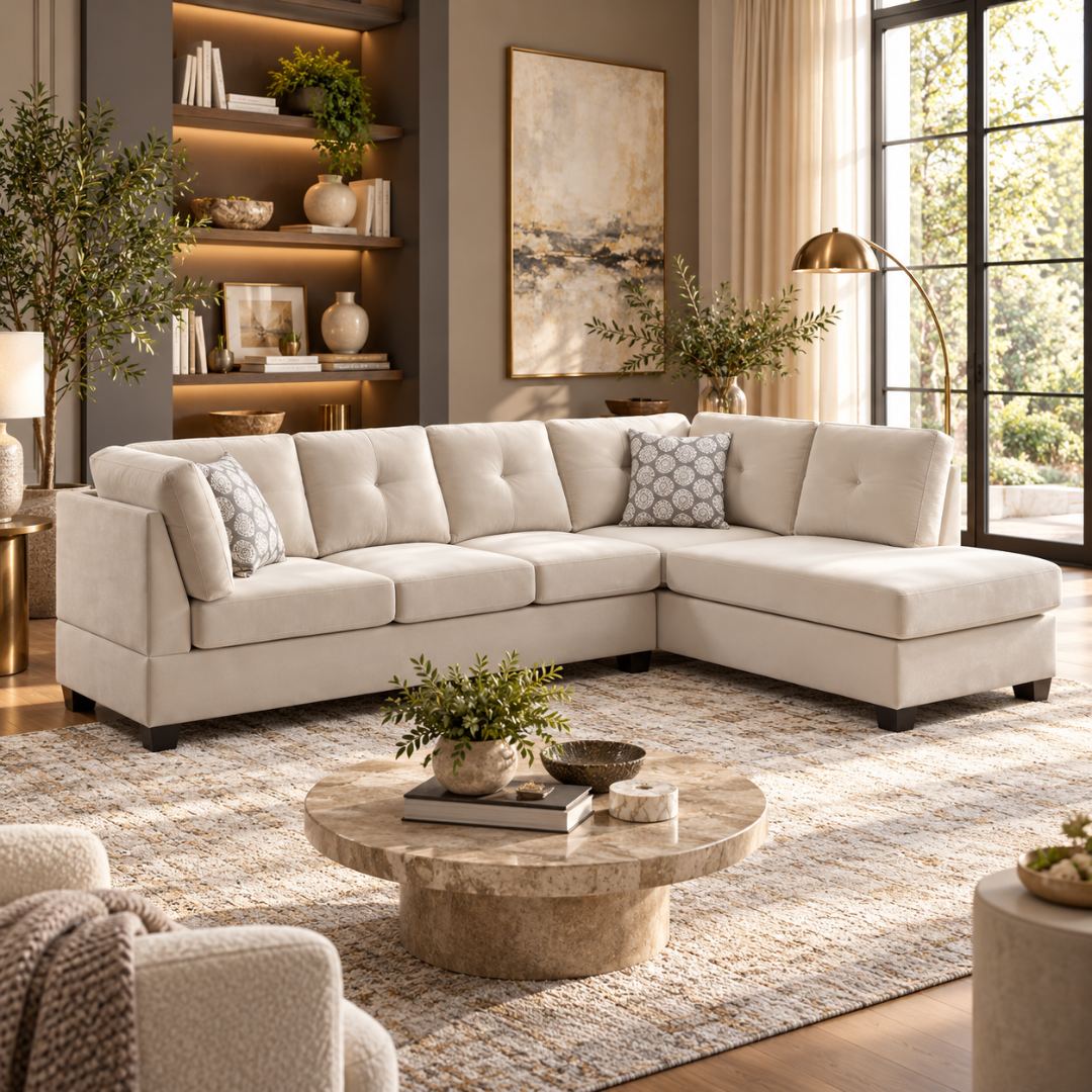 Valeur beige velvet right-hand facing L-shaped sectional sofa in a warm living room