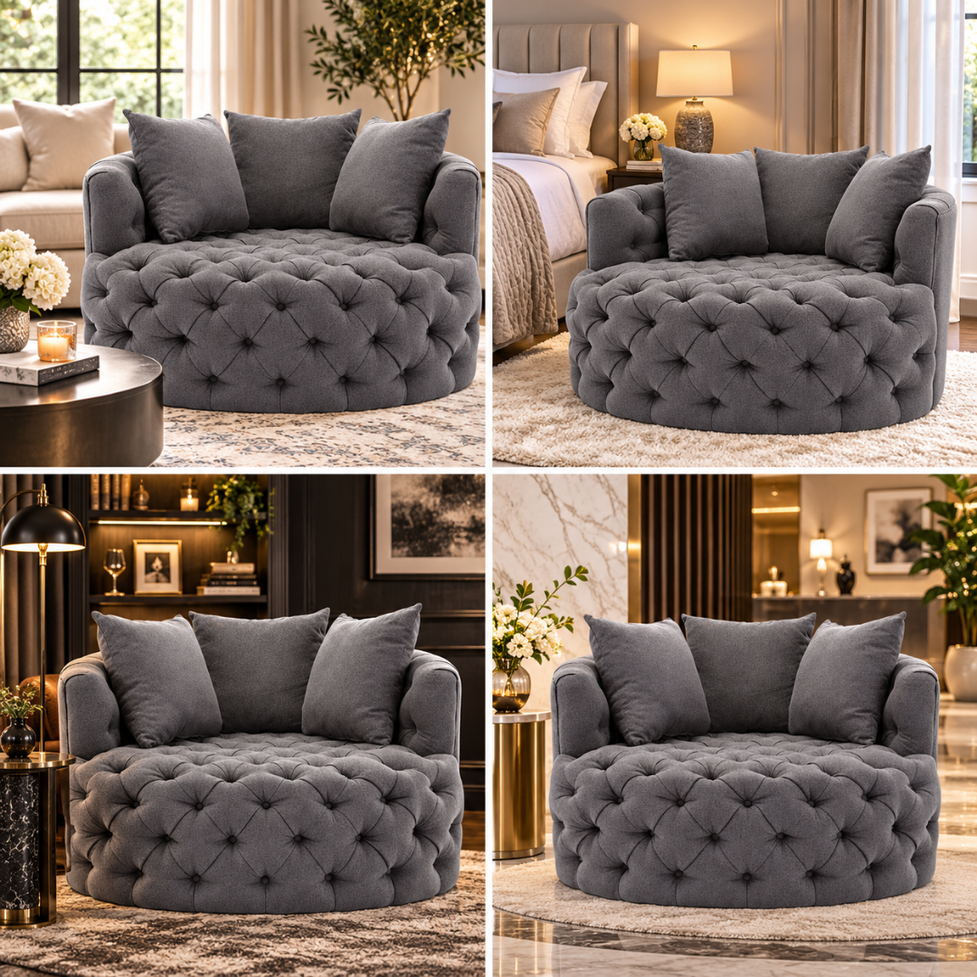 Wooden Twist Round Button Tufted Velvet Cuddle Chair Dark Grey – Room Styling Ideas