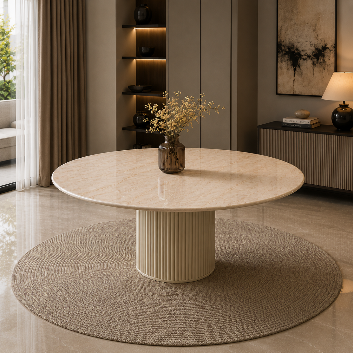 Wooden Twist Cream Marble Round Dining Table with Fluted Pedestal Base, 130cm, Seats 4