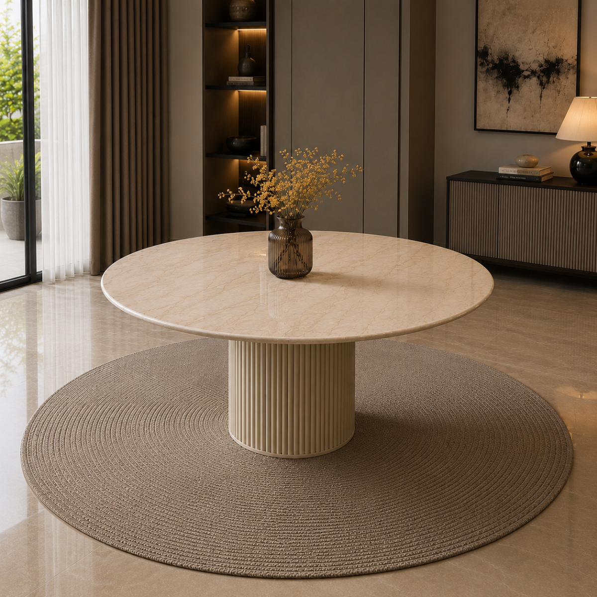 Wooden Twist Cream Marble Round Dining Table with Fluted Pedestal Base, 130cm, Seats 4