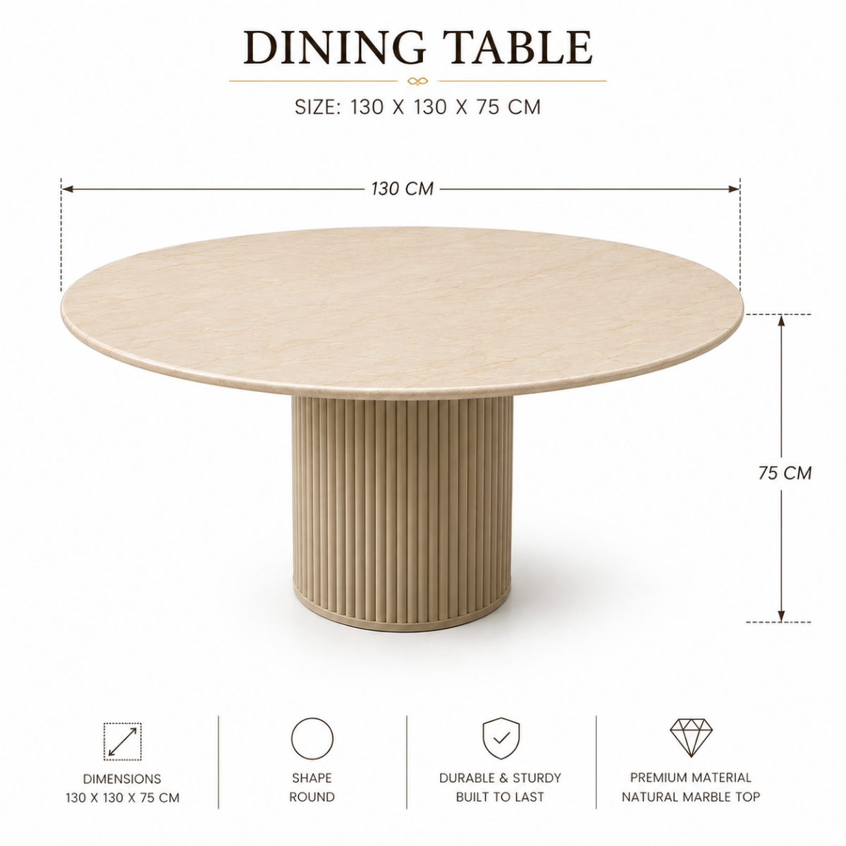 Wooden Twist Cream Marble Round Dining Table with Fluted Pedestal Base, 130cm, Seats 4