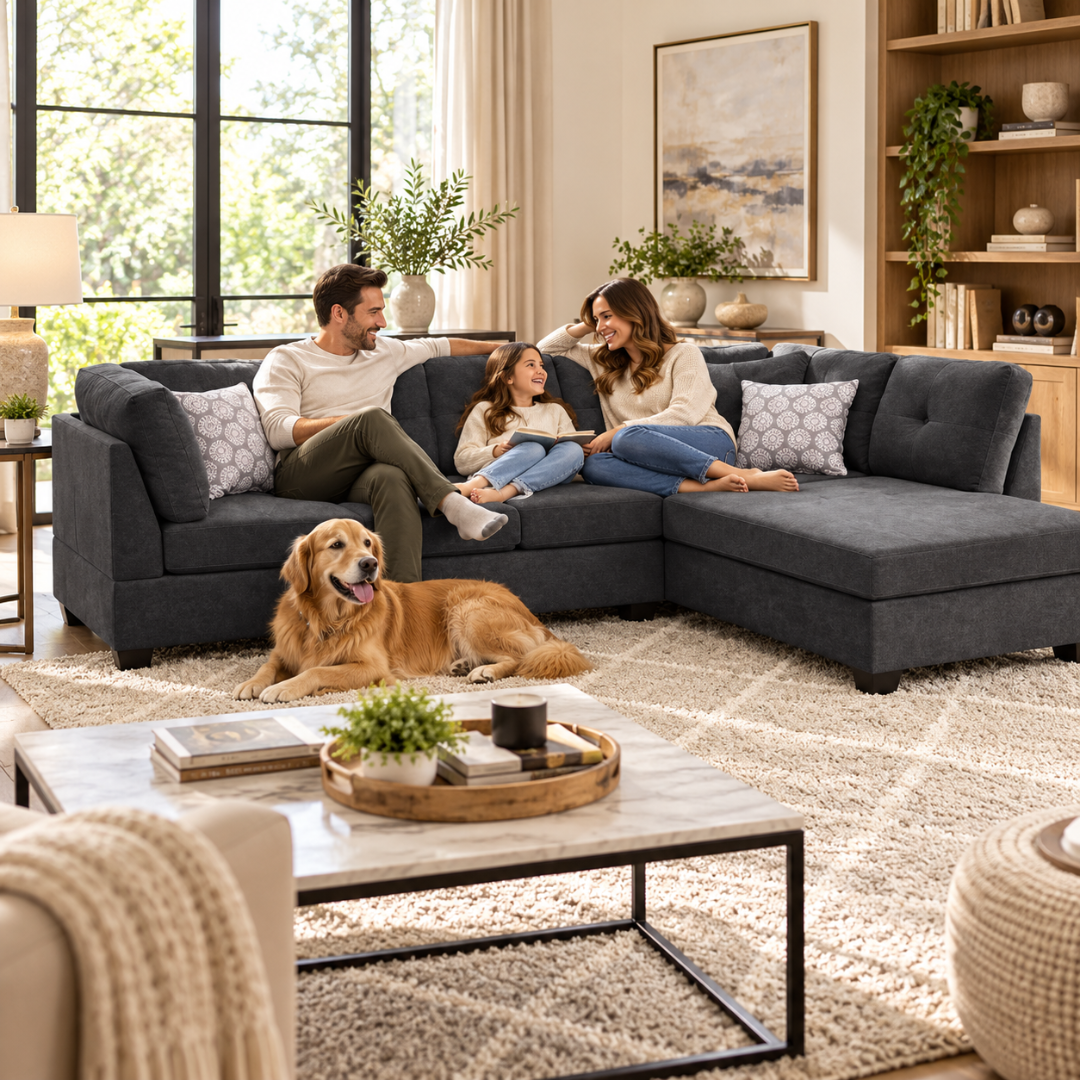 Family and dog relaxing on the Valeur dark grey velvet corner sectional sofa