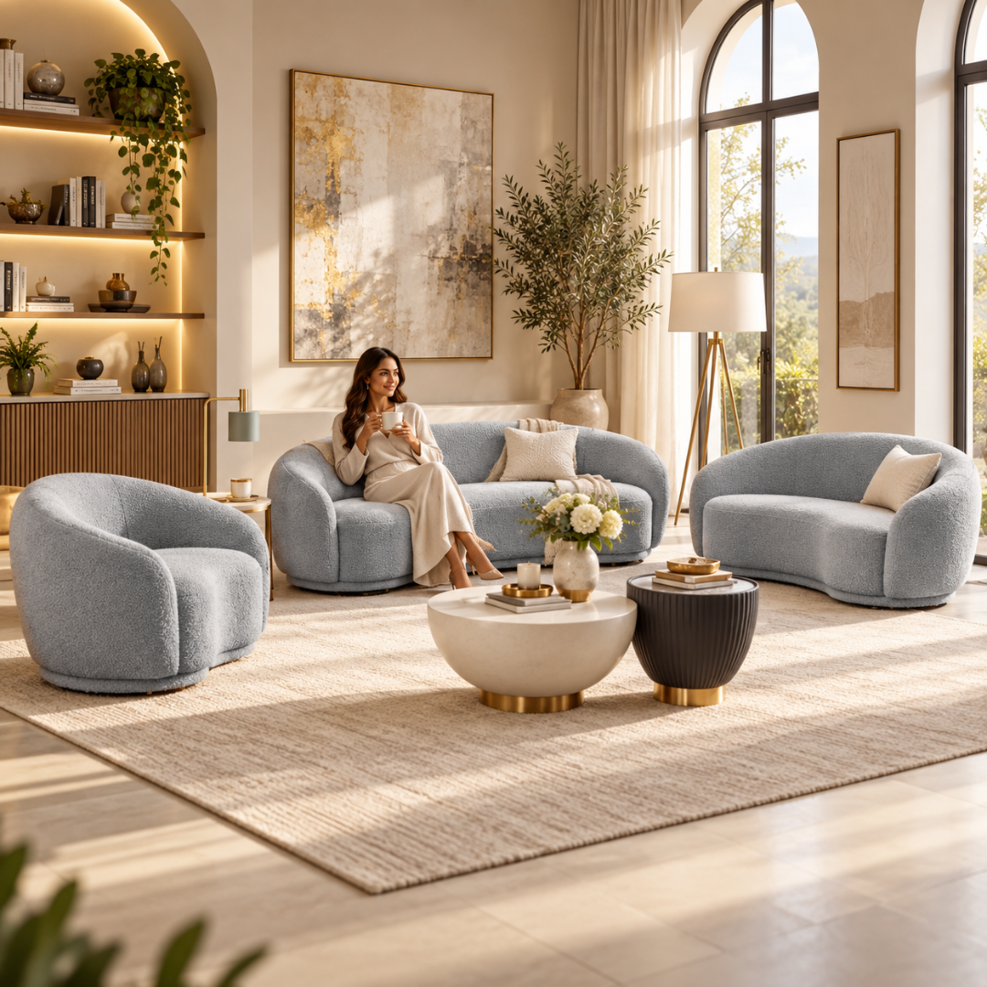 Wooden Twist Snug Rounded Back Grey Boucle Sofa Set 3+2+1 – Living Room Setting