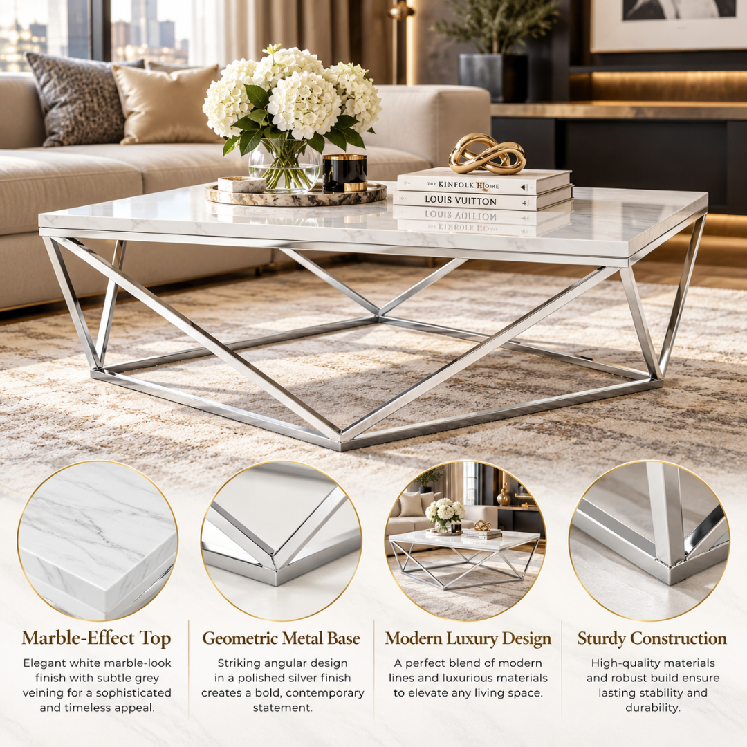 Vertex coffee table features: white marble top, geometric metal base, modern luxury design, sturdy construction