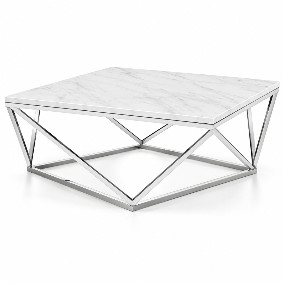 Angled view of the Vertex marble coffee table showing the crossed chrome legs