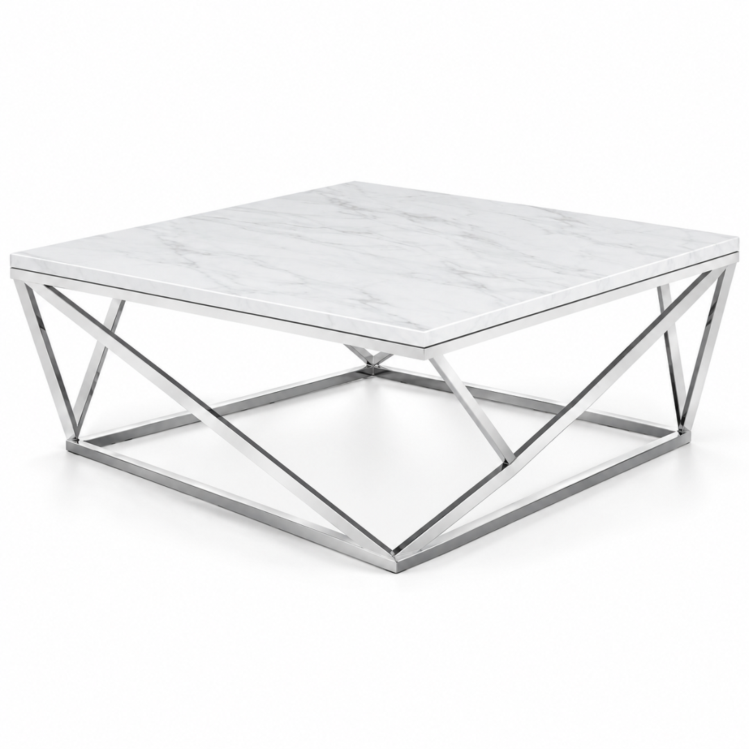 Side angle of the Vertex white marble coffee table with geometric stainless steel base