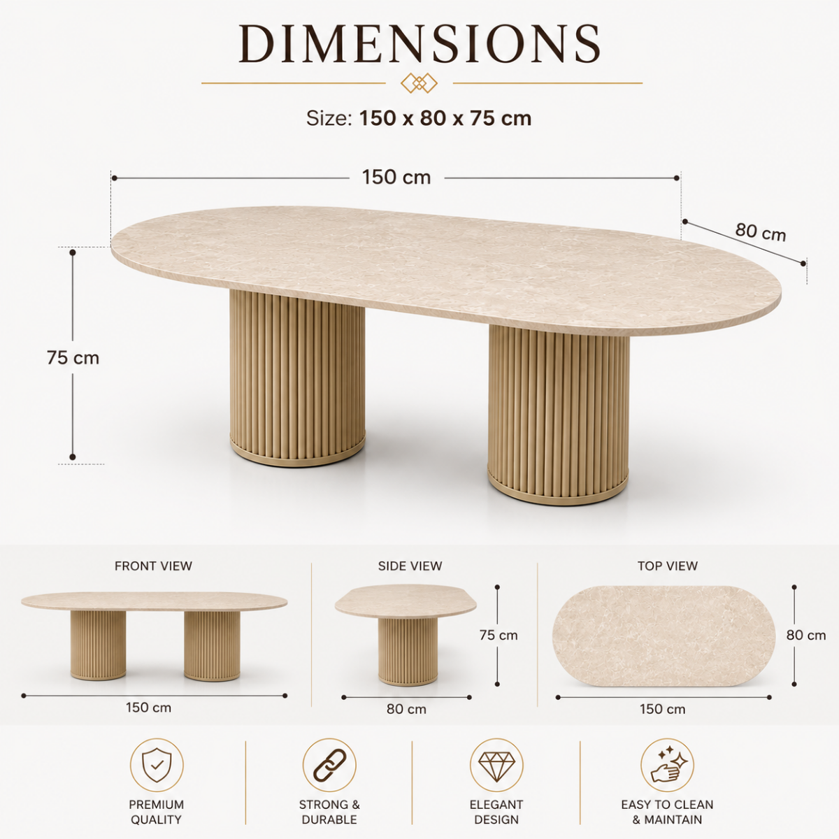 Wooden Twist Oval Cream Marble Dining Table with Fluted Double Pedestal Base