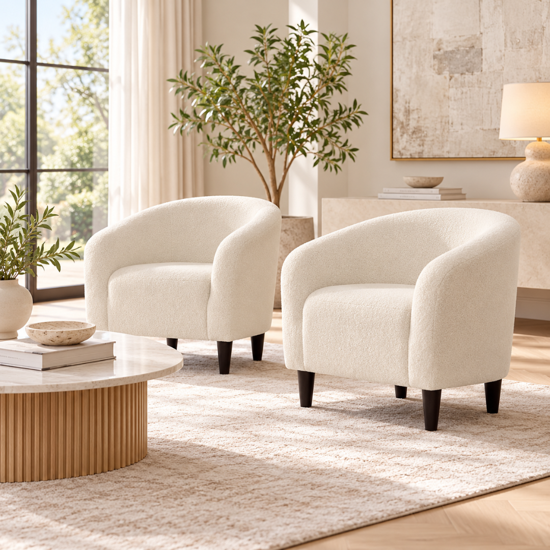 Wooden Twist Boucle Barrel Lounge Chairs Set of 2 Beige – living room