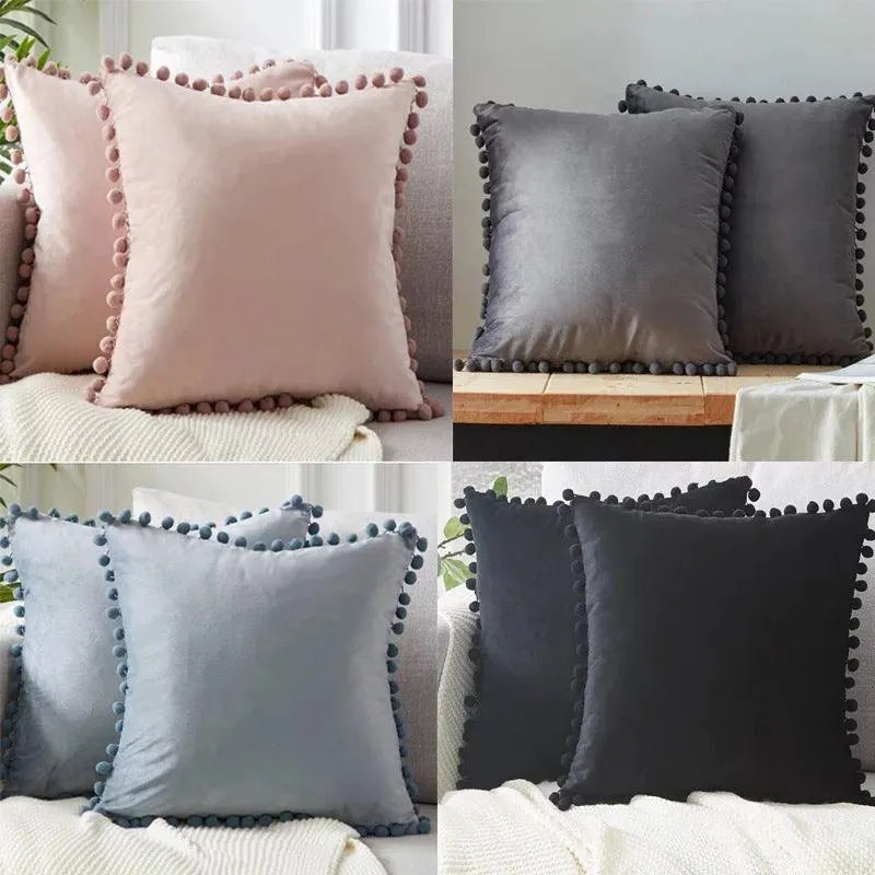 Ball ball lace pillow velvet solid color sofa short plush ball cushion cover - Wooden Twist UAE