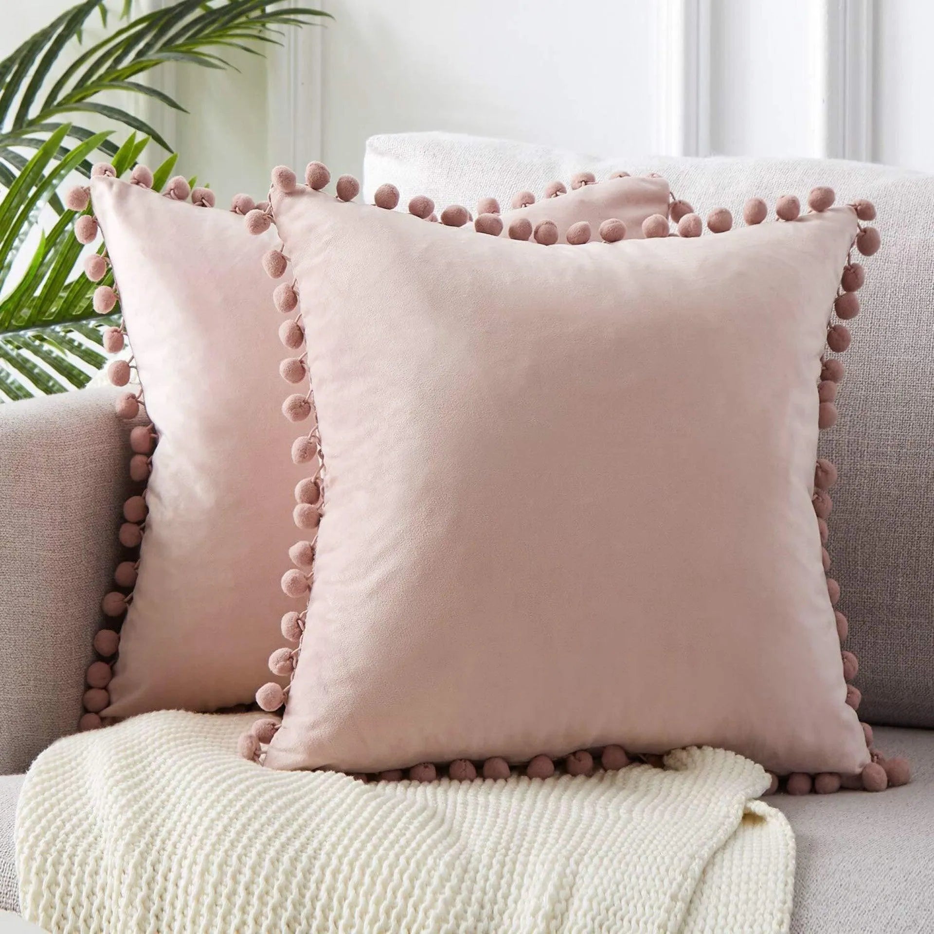 Ball ball lace pillow velvet solid color sofa short plush ball cushion cover - Wooden Twist UAE