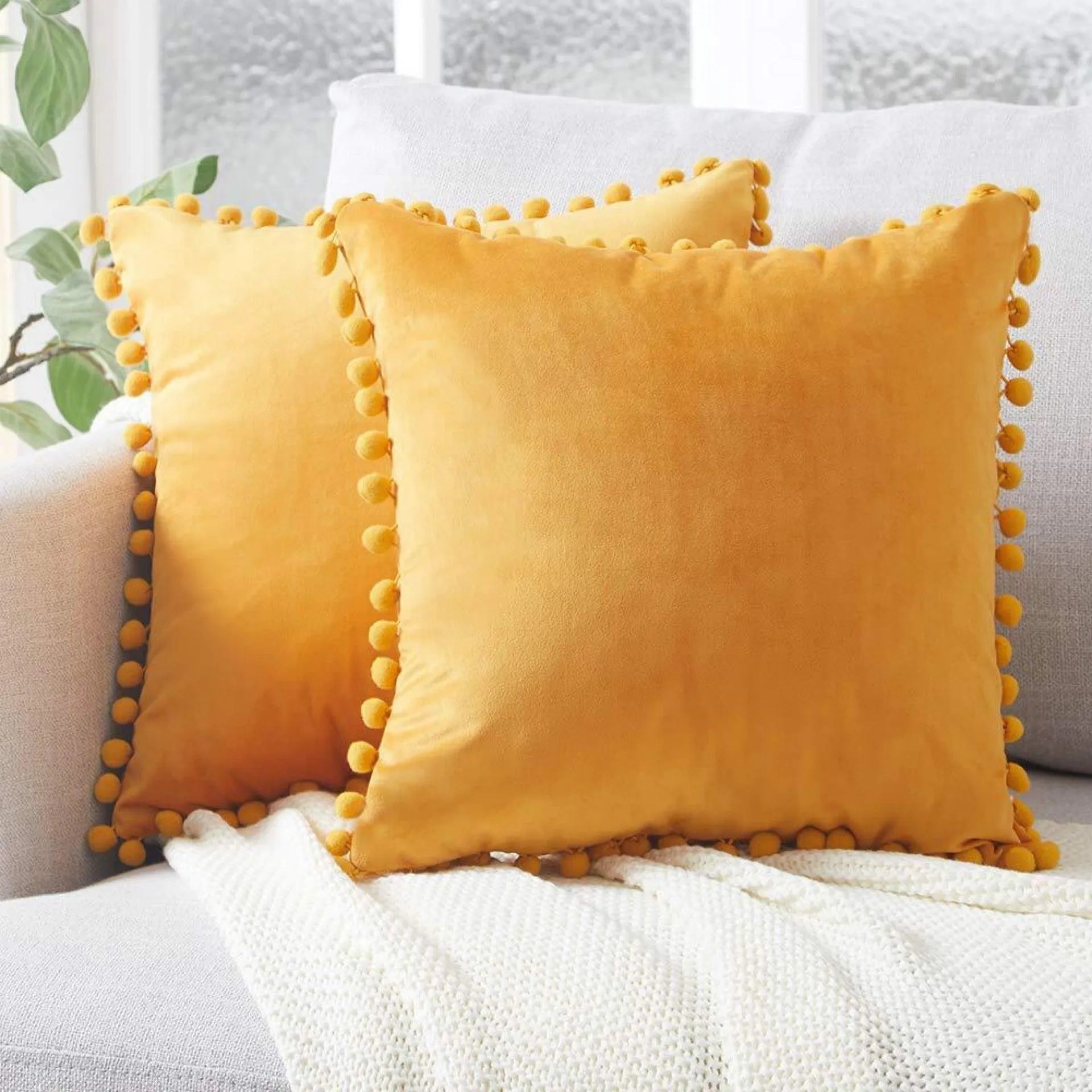 Ball ball lace pillow velvet solid color sofa short plush ball cushion cover - Wooden Twist UAE