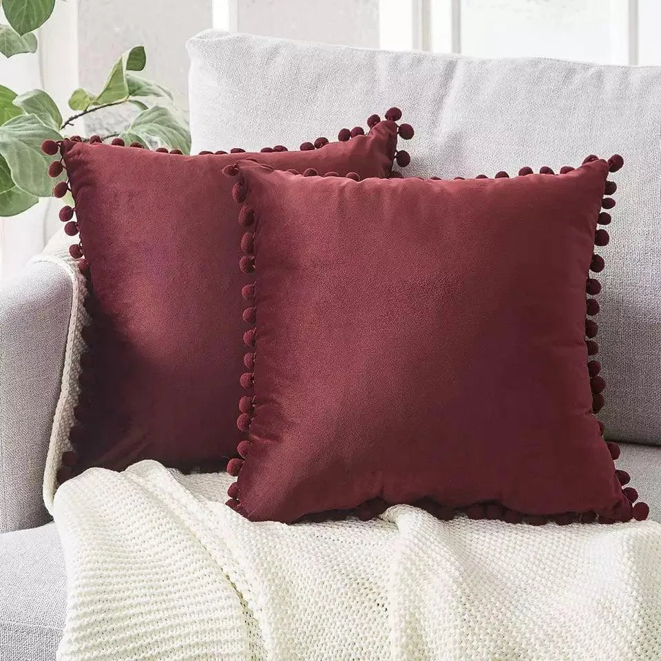 Ball ball lace pillow velvet solid color sofa short plush ball cushion cover - Wooden Twist UAE